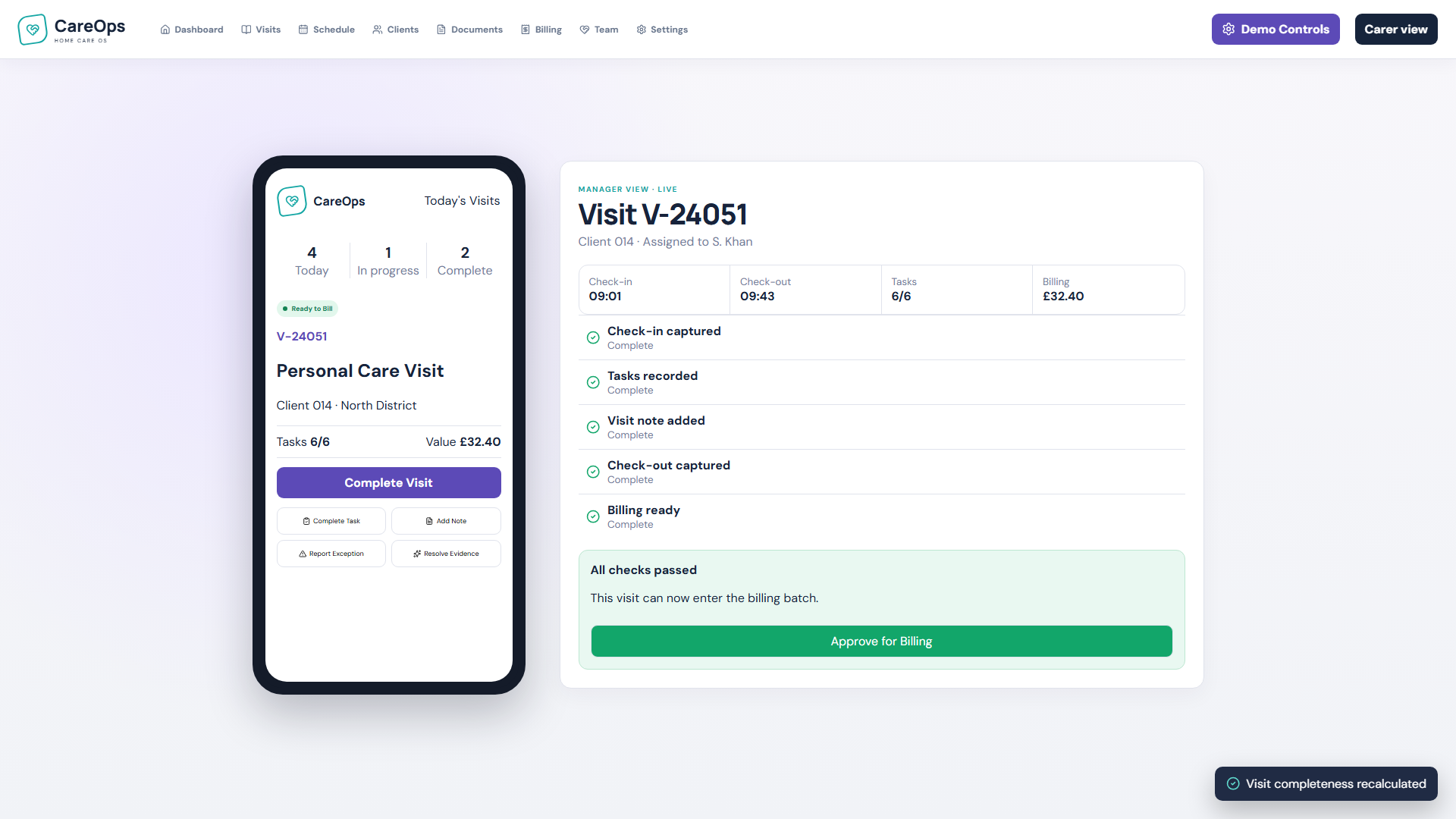 Visit V-24051 with six completed tasks and billing approval