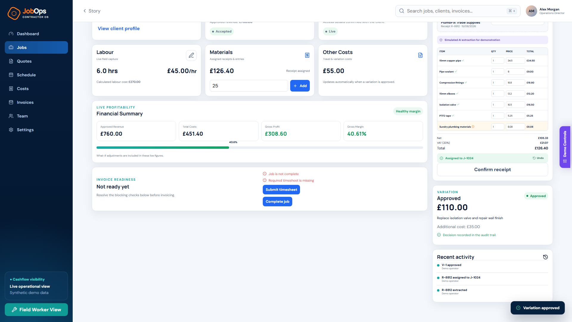 Profitability shown while invoice readiness remains “Not ready yet” until blockers are cleared